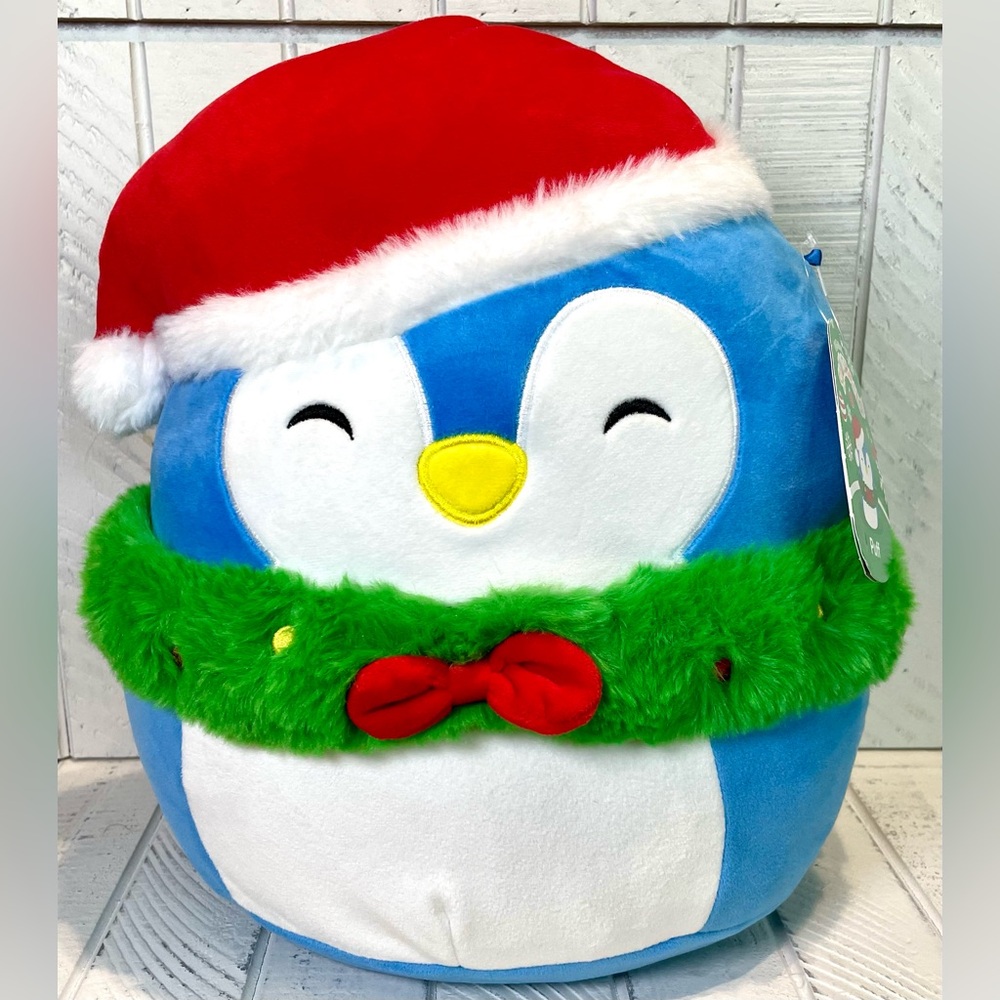 Squishmallow Christmas Squad 11” Puff The Blue Penguin W/Santa Hat & Wreath 2023